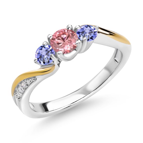 Gem Stone King 925 Silver and 10K Yellow Gold Pink and White Lab Grown Diamond Blue Tanzanite 3 Stone Engagement Ring for Women (0.58 Cttw, April Birthstone, Size 8)