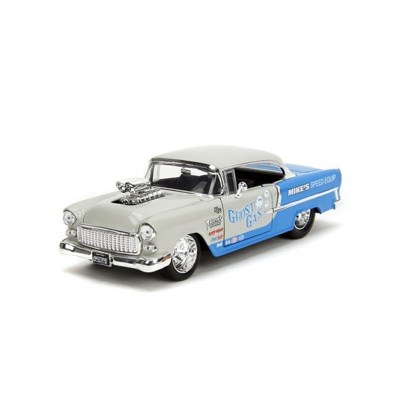1955 Chevy Bel Air "Ghost Gas" Hardtop, Light Gray/Blue - Jada Toys 35211 - 1/24 Scale Diecast Model Car
