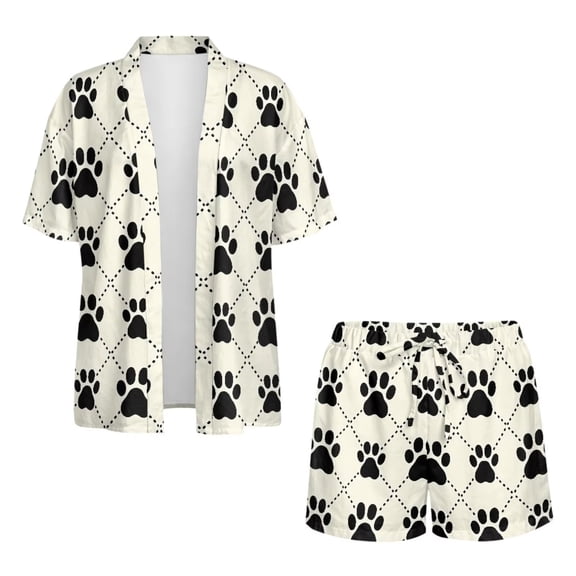 Xoenoiee Dog Paw Plaid Print Women's Hawaiian Beach Outfit 2 Piece Short Sleeve Swim Cover Up Shorts Set Summer Open Front Kimono Cardigan Vacation Beachwear, Size S