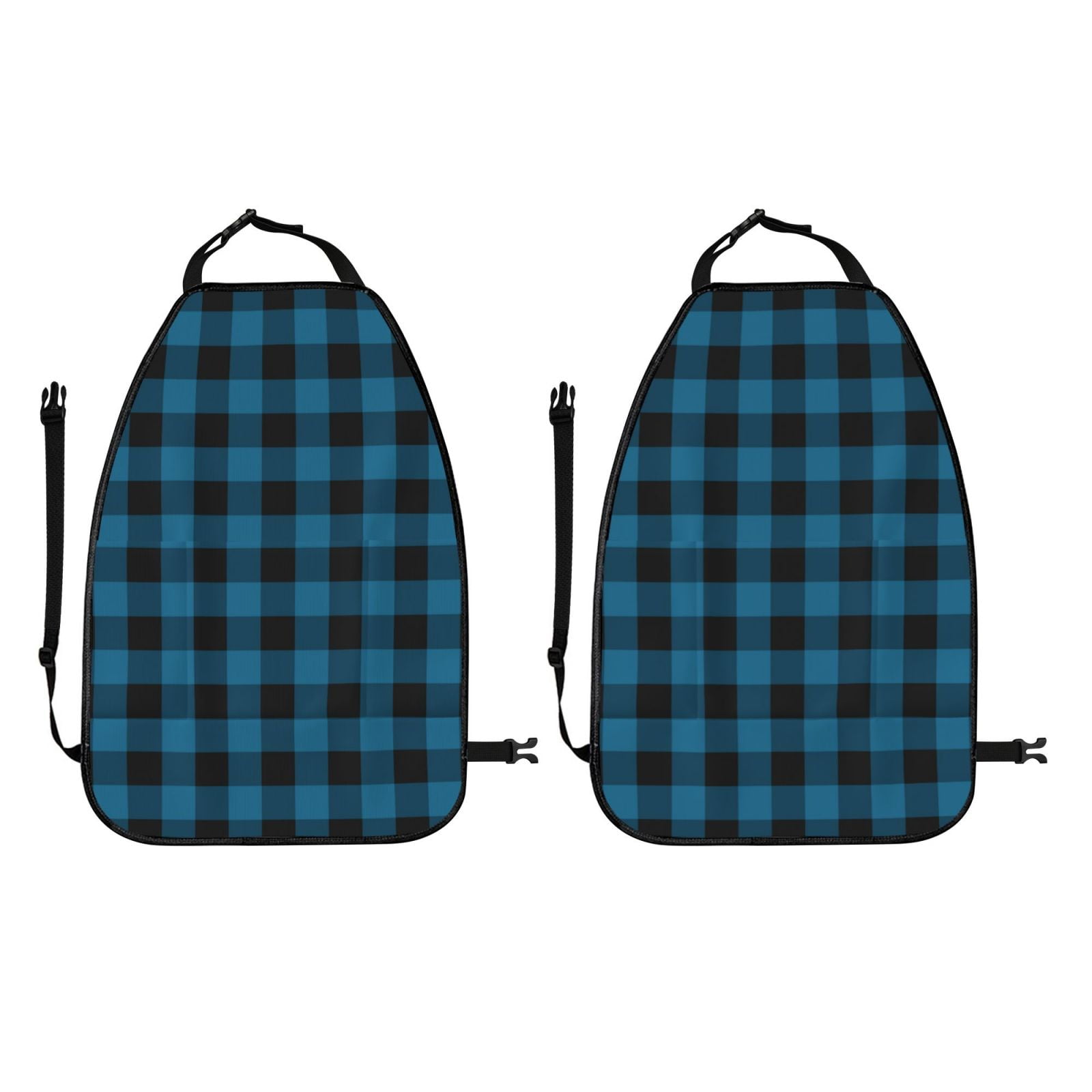 Kdxio Blue Black Plaid Print 2 Pack Car Kick Mat Seat Cover Back Protector Mat with Pockets for Organizer Backseat Protector and Storage Anti Kick Pad for Vehicles