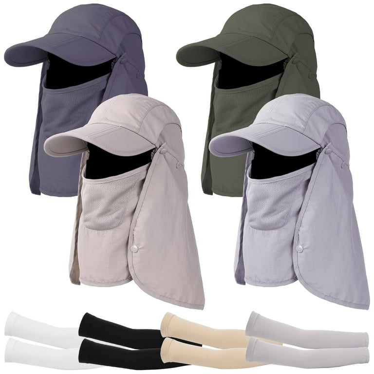 4 Set Sun Hat Fishing Hats, Outdoor Hiking Hat with Neck Flap Face Cover  and 4 Pack Arm Sleeves for Men Women Outdoor Fishing Cycling Hiking