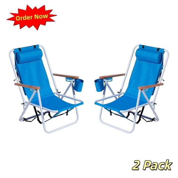 Tcbosik Folding Beach Chairs Set of 2, Lightweight Camping Chair with 4 Position Adjustable Backrest, Lawn Chair with Cup Holder, Outdoor Chair with Headrest and Armrest for Backyard, Patio, Blue