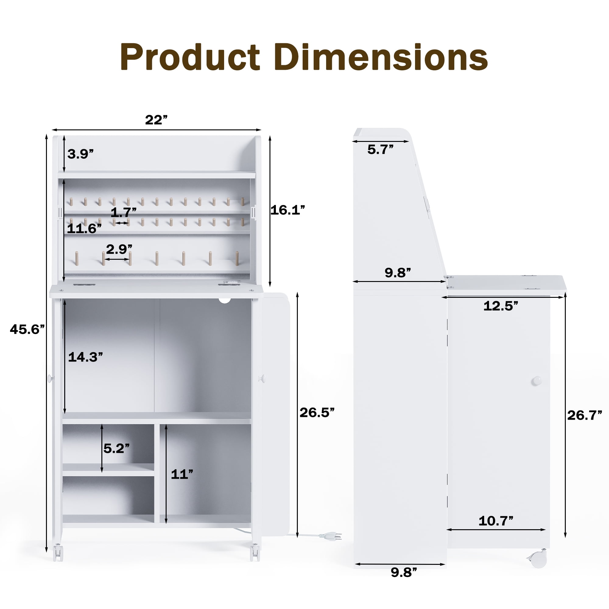 Advwin Sewing Cabinet with Foldable Tabletop, Thread Organizer Shelves, LED Light & Charging Station, Space-Saving Craft Table for Sewing, Quilting, Sewing Station for Small Spaces, White