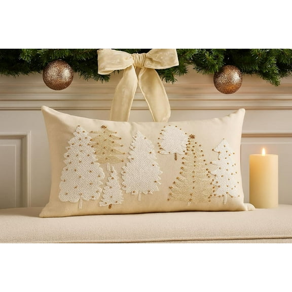 Fennco Styles White Embroidery Christmas Tree Decorative Throw Pillow 12" x 20" – Festive Holiday Cushion with Beaded Accents for Winter Festivals, Sofa, Couch, Bed & Living Room Décor