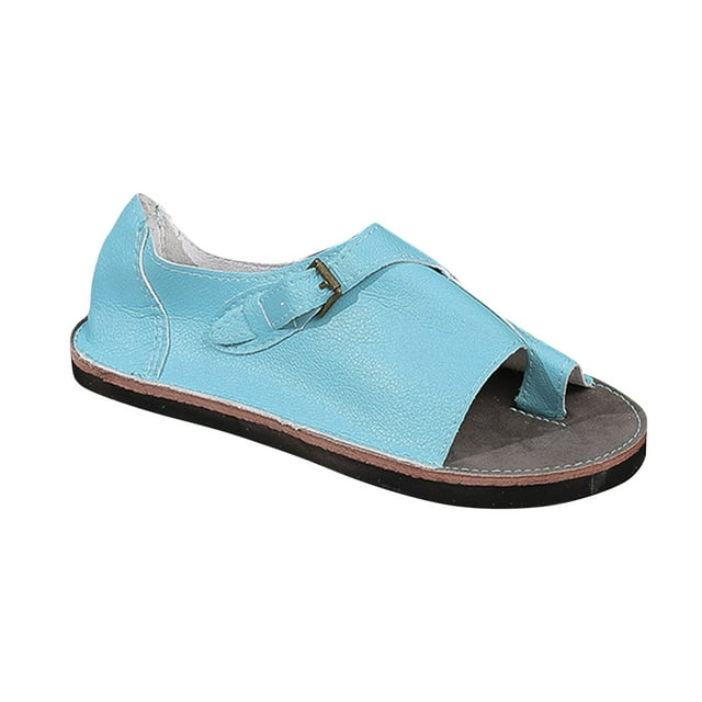 Womens Flat Sandals Slip on Toe Ring Buckle Strap Open Toe Thick Sole Summer Beach Leather Sandals Sky Blue