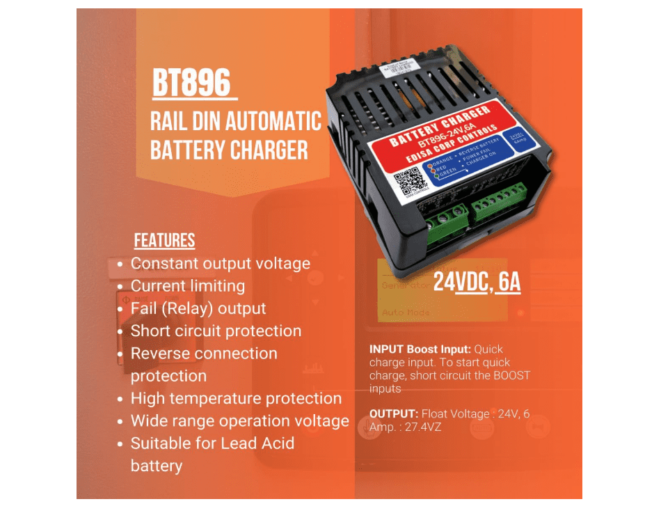 BT896 Rail Din Automatic Battery Charger 24VDC, 6 A