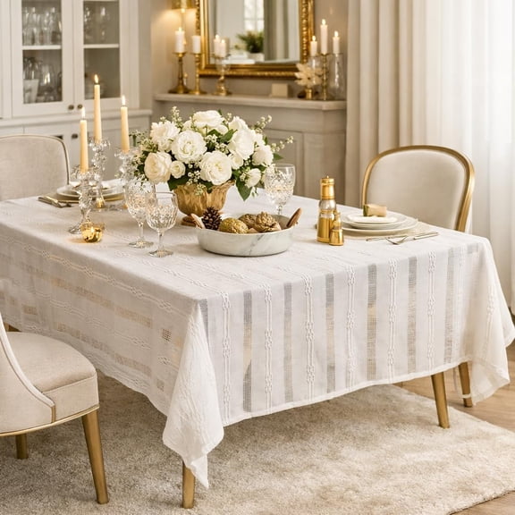 Fennco Styles Farmhouse White Jacquard Textured Woven Tablecloth, Rustic Country Decorative Dining Table Cover for Dining Room Décor, Holidays, and Special Events, 56" X 88"