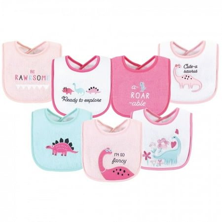 

Hudson Baby Infant Girl Cotton Terry Drooler Bibs with Fiber Filling Girl Dino One Size