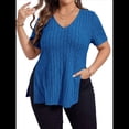 thumbnail image 3 of Blusas de Talla Grande para Mujer, Informales, con Cuello en V, Corta y Dobladillo Dividido, para Verano Azul 5XL, 3 of 8