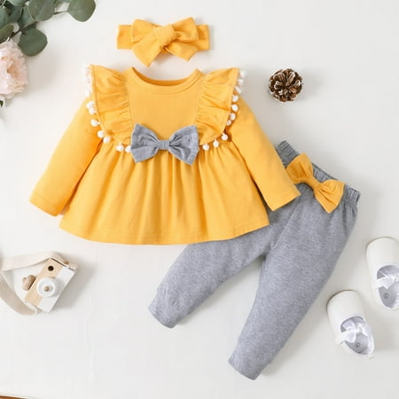 

Hunpta Toddler Baby Girls Cotton Blend Long Sleeve Bowknot Tassel Tops Pants Headbands Outfits Clothes Sets