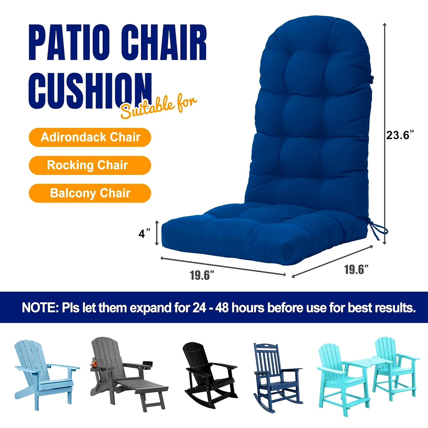 Outdoor Highback Seat Cushion 43.3"*19.7" Waterproof UV Resistant Inlife Rocking Chair Seat Pad for Dining Chairs, Office, Restaurant