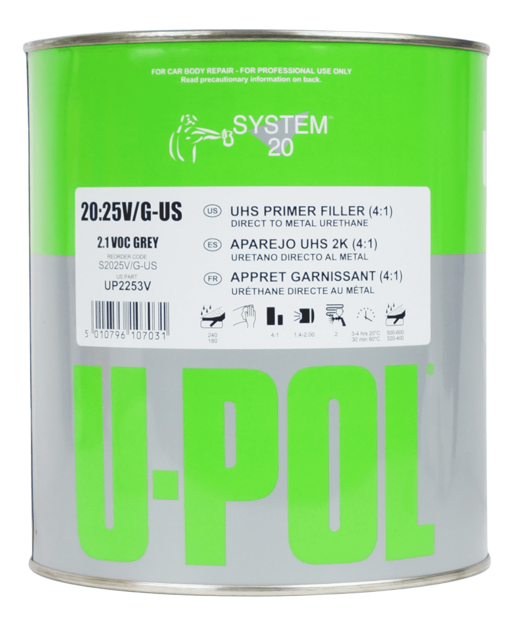 U Pol Products SYSTEM 20 UP2253V High-Build 2K Multi-Purpose Primer, 1 gal Tin, Gray, 4:1 Mixing, High-Build
