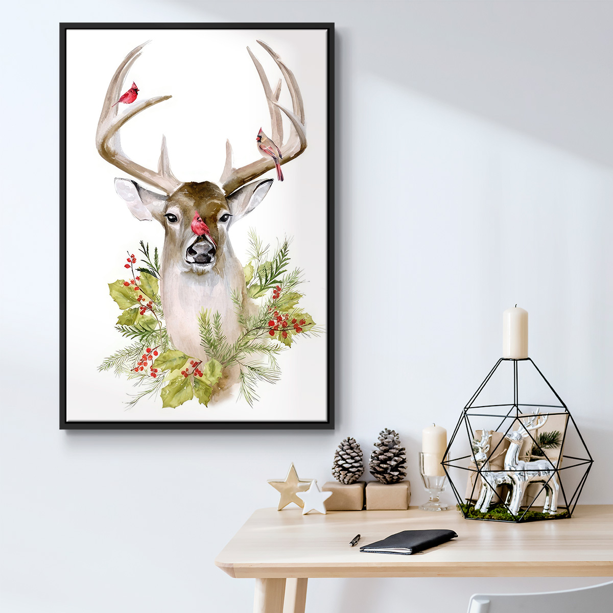 Holiday Deer Collection B - Framed Gallery Wrapped Holiday Canvas - 17 x 25 - Black Frame