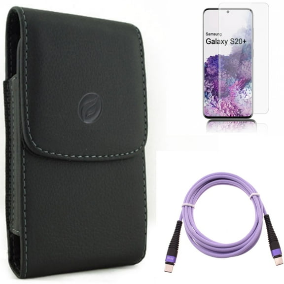 Case Belt Clip w Screen Protector w Purple 10ft PD Cable for Samsung Galaxy S20 Plus - Leather Holster Cover, Tempered Glass [Fingerprint Unlock] 3D Curved Edge, Type-C to USB-C fits Galaxy S20 Plus