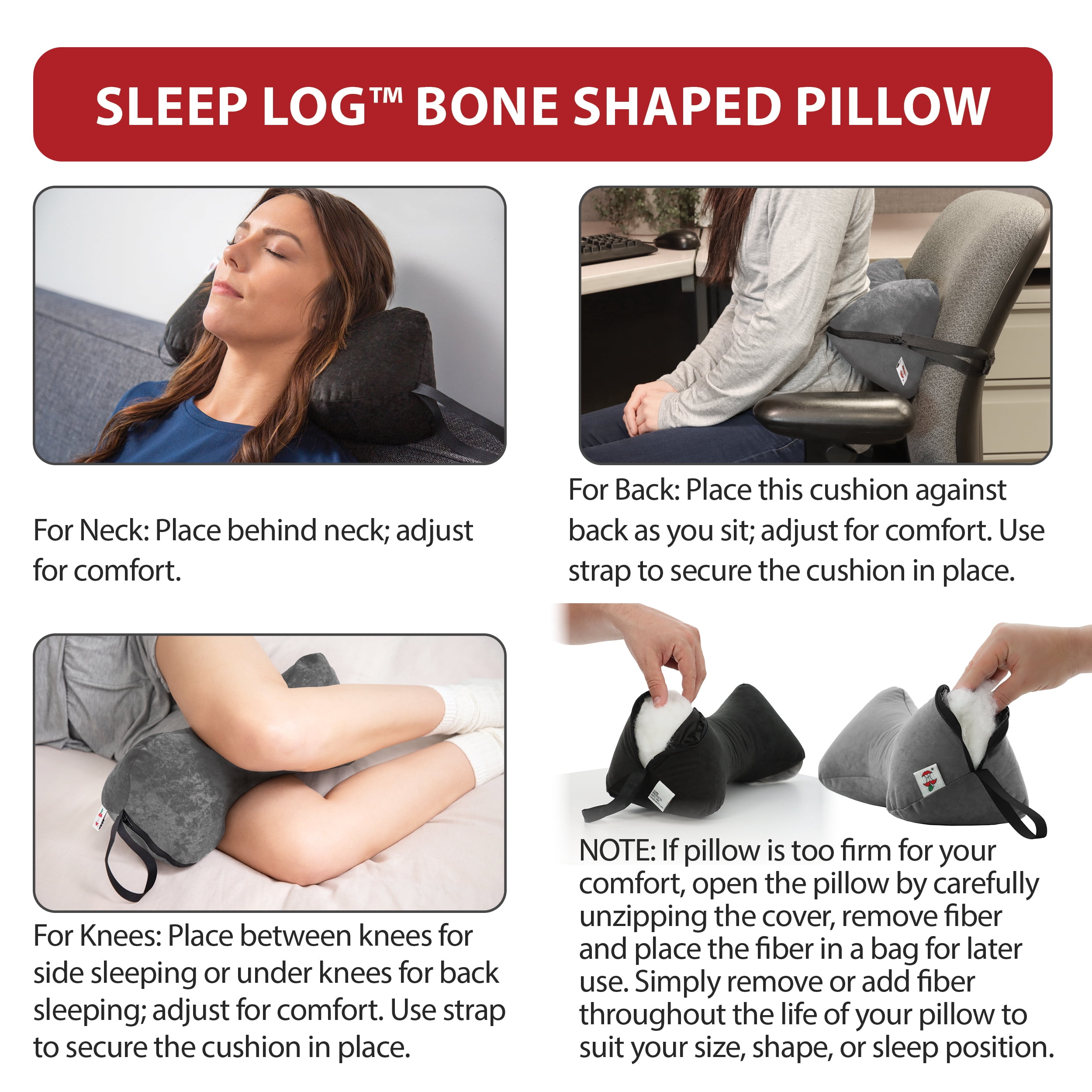 Sleep Log Bone Shaped Chiropractic Neck and Back Pillow for Cervical Support, Adjustable Firmness, Midsize - Travel or Use at Home, 13" x 6" x 6", 60" Strap