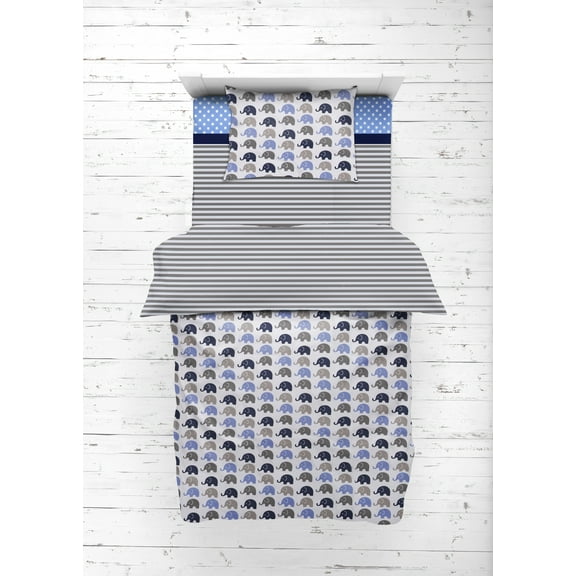 Bacati - Elephants 4-Piece Toddler Bedding set 100% Cotton percale, Blue/Gray