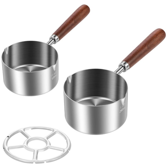 Grusce 2pcs Stainless Steel Pot with Stove Rack Multipurpose Melting Pot with Double Spouts and Long Wood Handle Dishwasher Safe Sauce Pan for Cooking