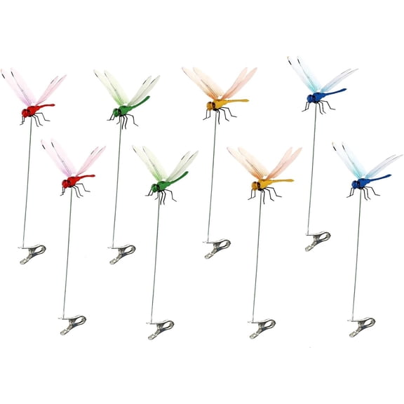 8 PCS Colorful Dragonfly Clips for Bugs Repellent Outdoor, 3D Simulation Dragonfly Stakes Decor for Yard Patio Garden, Dragonfly Clips to Keep Bugs Away Hat Clothes Fly Scare Devices (4 Color Set)