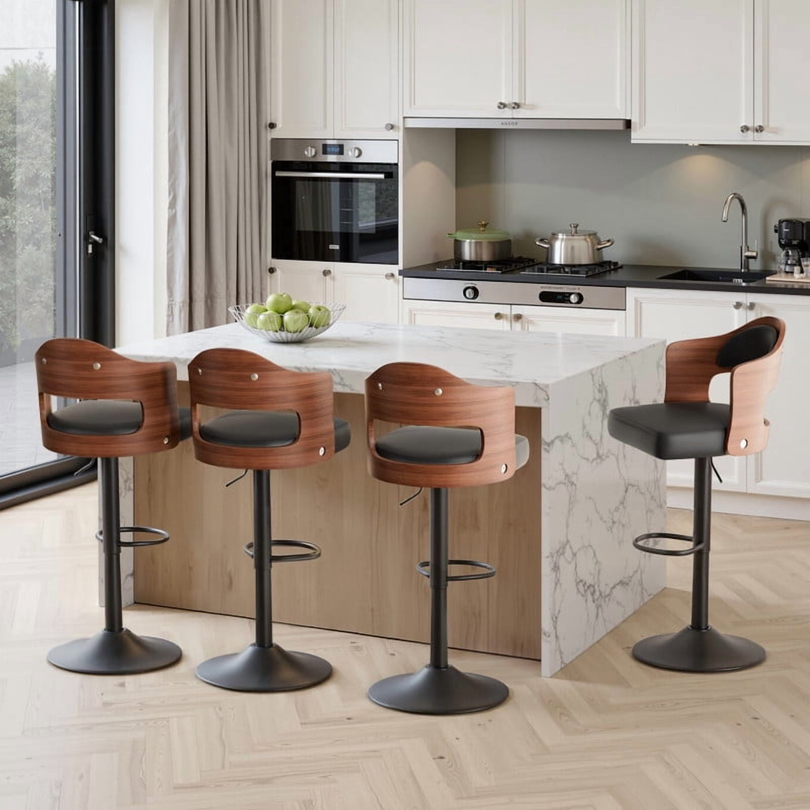 Daluvenix Swivel Bar Stools Set of 4, Wooden Kitchen Bar Chairs with Back, PU Leather Counter Height Barstools for Kitchen Island, Black