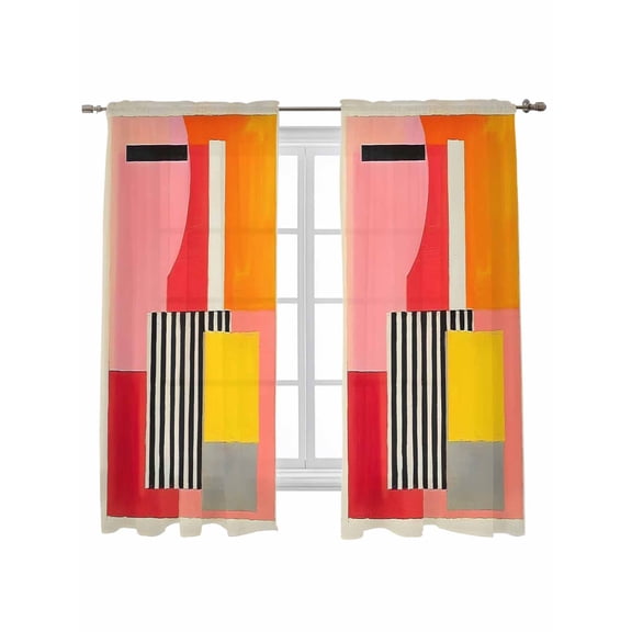 Pink Red Orange Curtains 63 Inch Length, Sheer Curtains for Bedroom Living Room Window Modern Abstract Oil Painted Geometric Rod Pocket Drapes Kitchen Curtains Small Half Window 42"x63" 2 Panels