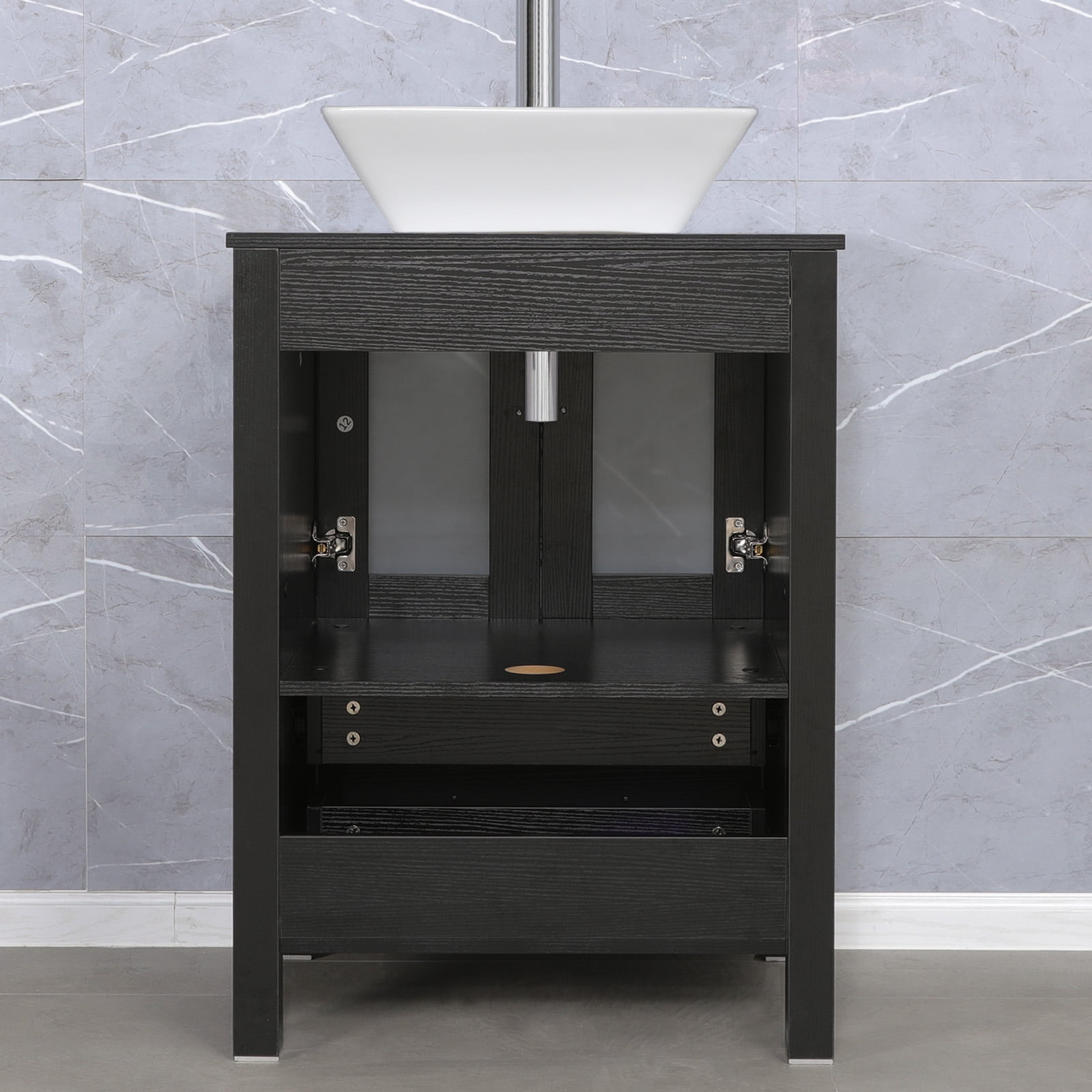 Eclife 24" Black Bathroom Vanity Set with Wood Top, White Ceramic Sink, Water Saving Faucet,Pop up Drain Combo
