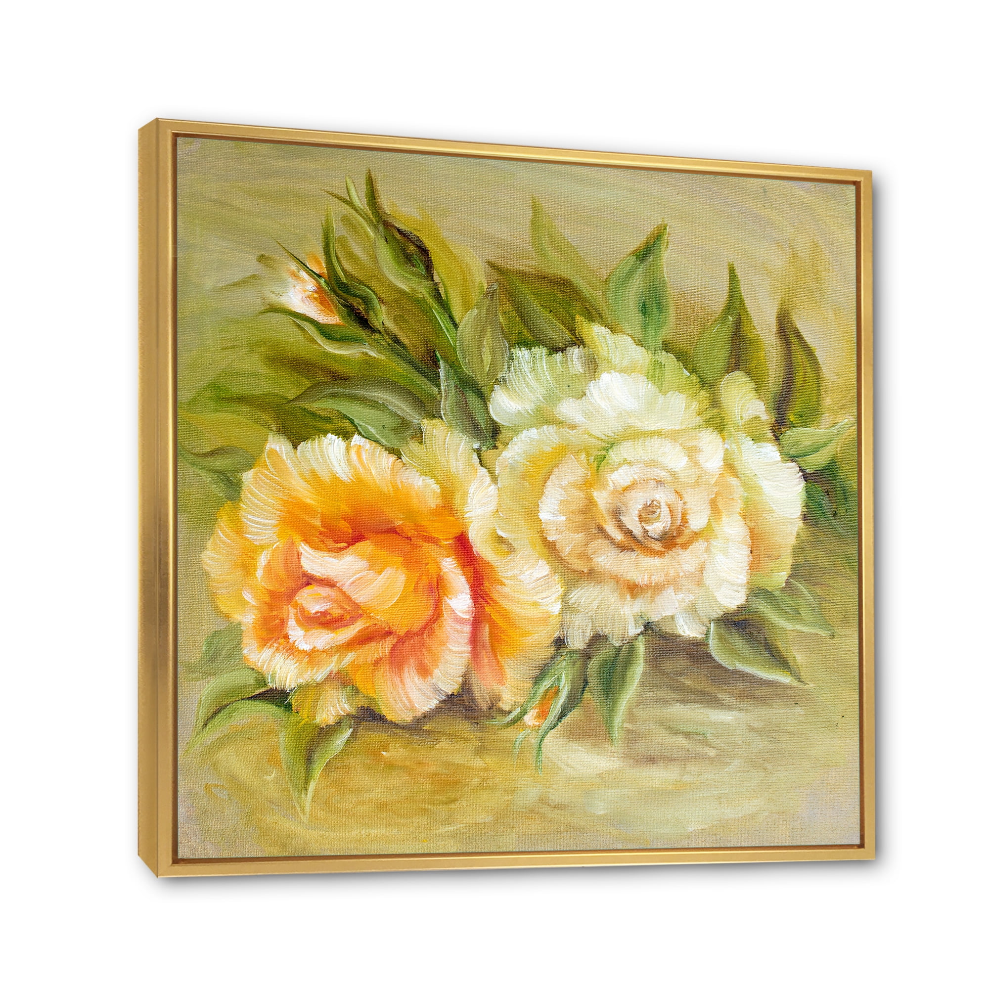 Designart 'Vintage Yellow and White Roses' Traditional Framed Canvas Wall Art Print