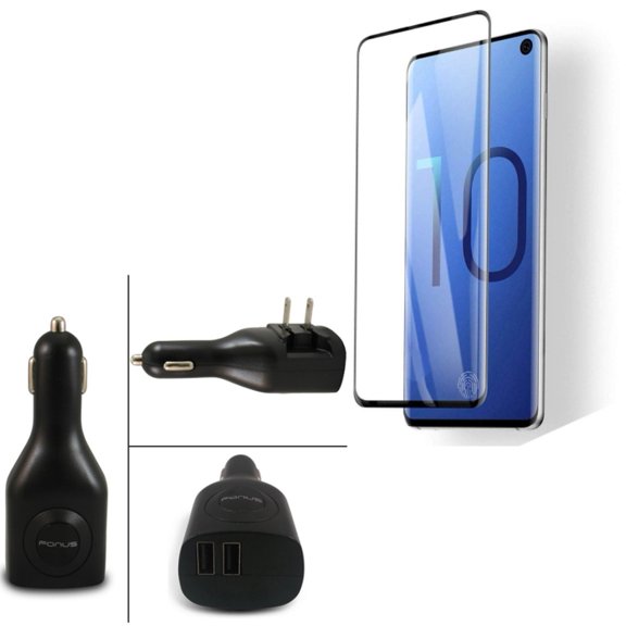 Galaxy S10  Tempered Glass Screen Protector w 2-Port USB Car Home Charger - [Fingerprint Works] 3D Curved Edge Full Cover, 2-in-1 Power Adapter for Samsung Galaxy S10