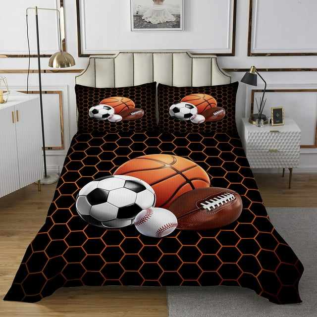 Erosebridal Ensemble de Couvre-Lit Basketball Football Taille Simple, Courtepointe Nid d'Abeille Orange, 2 Pcs