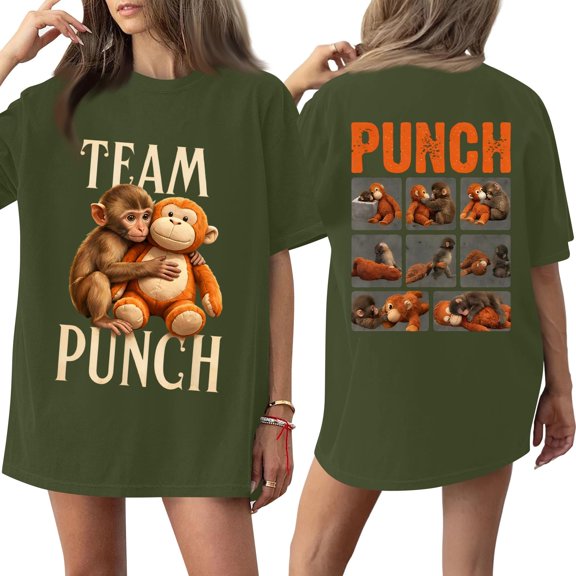 Team Punch T-Shirt,Shirts for Women Trendy,Monkey Punch Tops for Women,Short Sleeve Shirts for Women,Women's Fashion Casual Printed Short Sleeve Round Neck Pullover Tops,Army Green,Large
