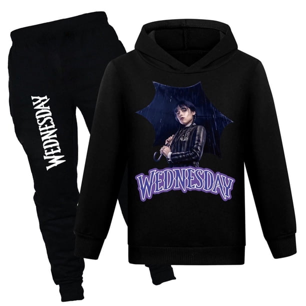 Moonsky Girl/boy Fashion Casual Long Sleeve Wednesday Printed Hooded Sweatshirt Pants Set Hoodies New Logo Fashion Cool Hoodie Men Women Sweatshirts(150#Black)