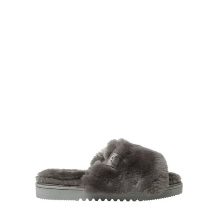 

Dearfoams Women s Cairns Genuine Shearling Slide with Metallic Trim Slippers