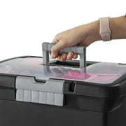 Sterilite Portable File Box, Letter-Size Plastic File Storage Box with Handle and Divided Lid Storage Compartment, Black
