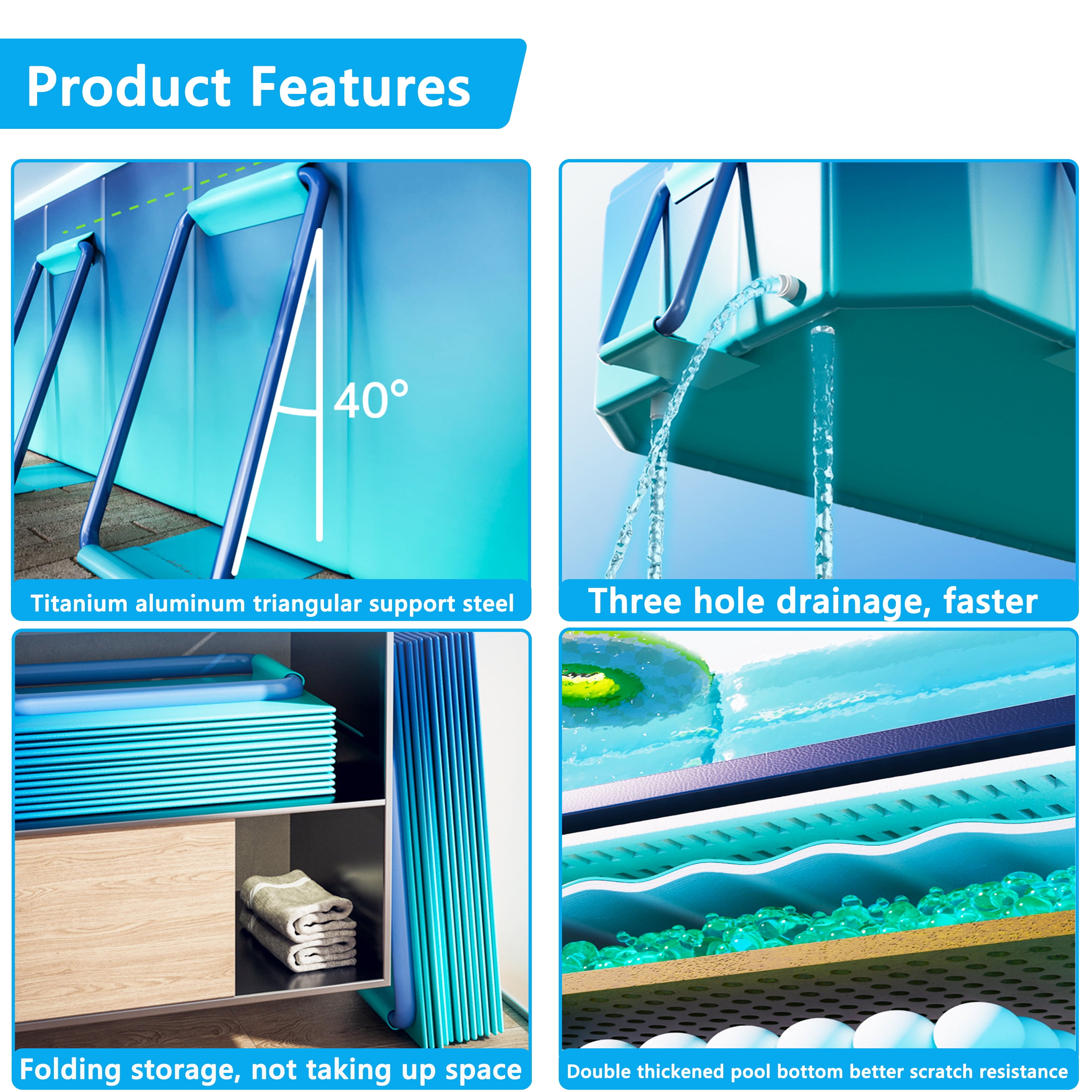Hyindoor Outdoor Foldable Non-Inflatable Adults and Kids Swimming Pool Titanium Aluminum Support Steel Frame Anti-Slip for Lawn Garden Backyard（116" x 65" x 20"）