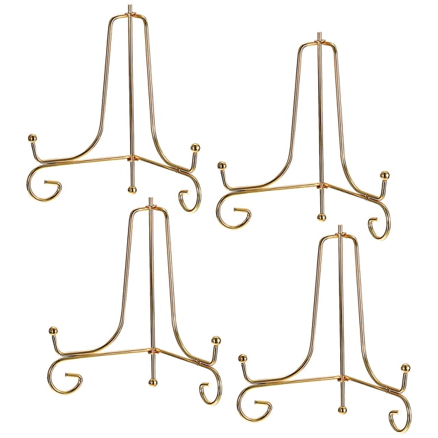 Unique Bargains 4Pack 4 Inch Plate Stands for Display Iron Folding Easel Plate Holders, Gold