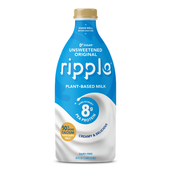 Ripple Unsweetened Original Refrigerated Plant-Based Milk, 48 fl oz Bottle, 8g Protein, Dairy-Free, No Added Sugar