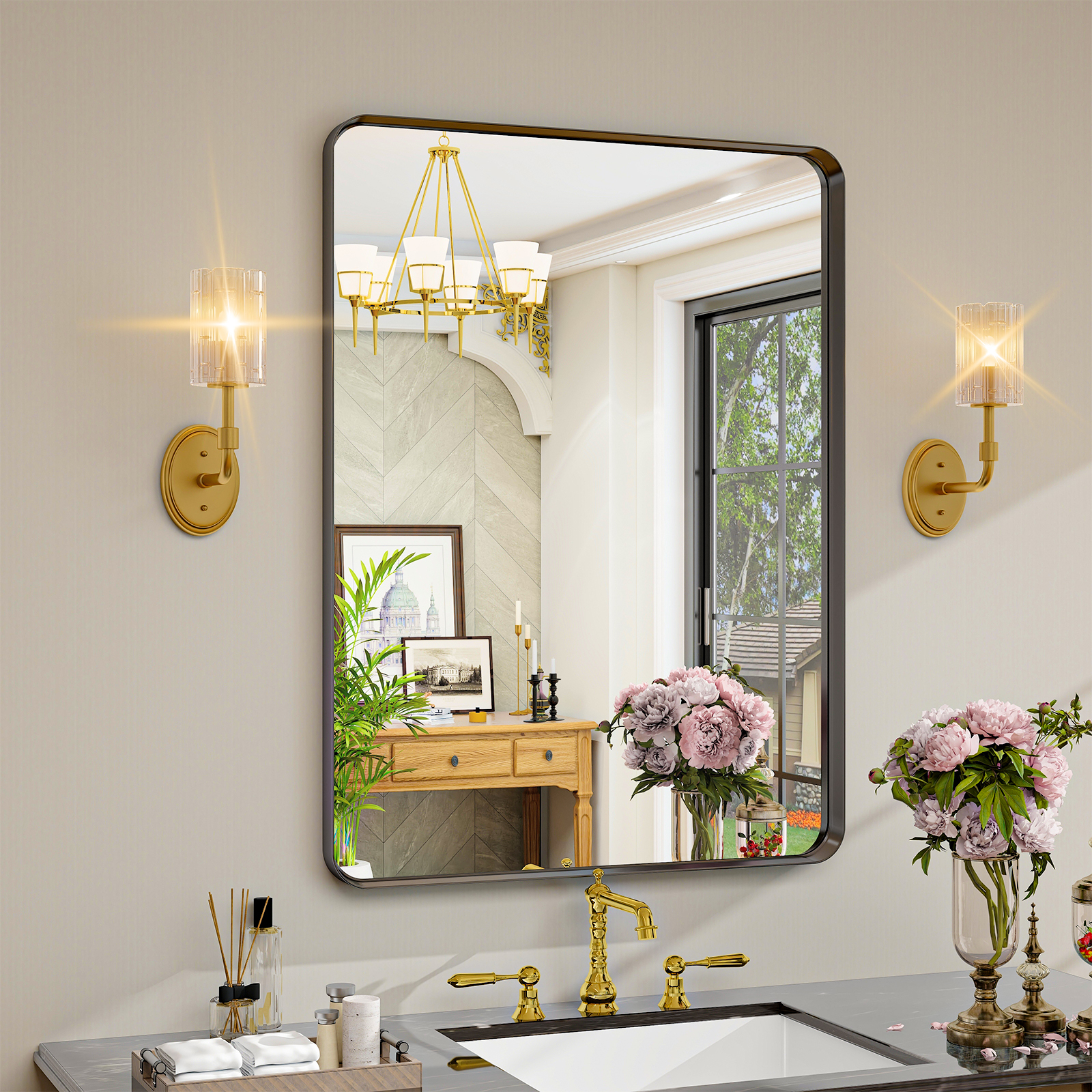 BEAUTYPEAK 30"x40"Rectangular Bathroom Mirror Wall-Mounted Mirror with Deep Frame,Black