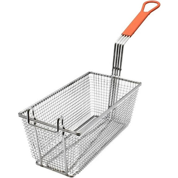 Truecraftware – 12-1/8" x 6-1/4" x 5-1/4" Rectangular Deep Fry Basket with Hook Heavy Duty Nickel Plated Iron with Orange Coated Handle - Kitchen Frying Chips Fish Sausages