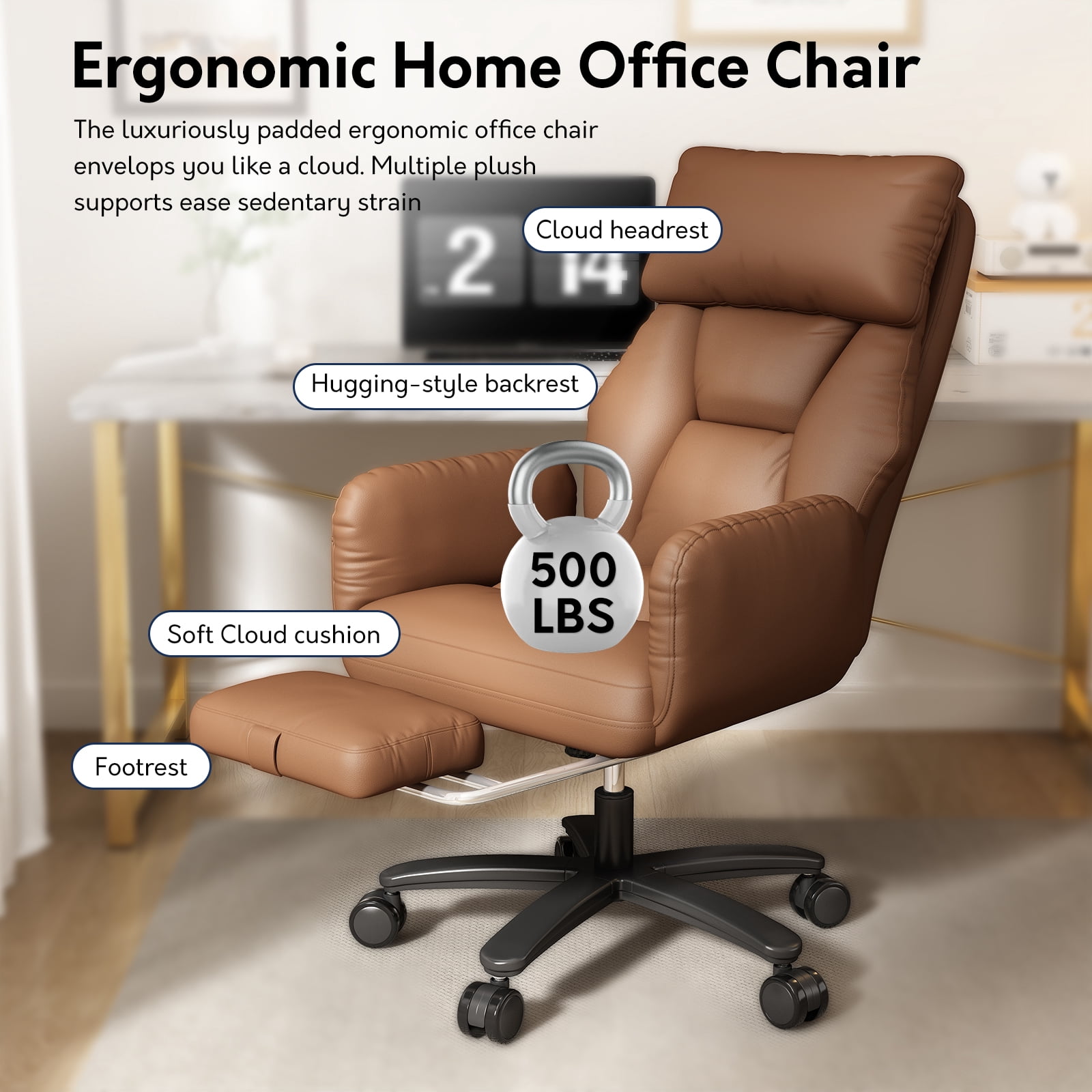 HomeZeer 500lbs Capacity Cross Legged Office Chair, Big and Tall Office Chair with Footrest, PU Leather Criss Cross Desk Chair with Reclining Back, Adjustable Arms & Wide Seat for Home Office, Brown