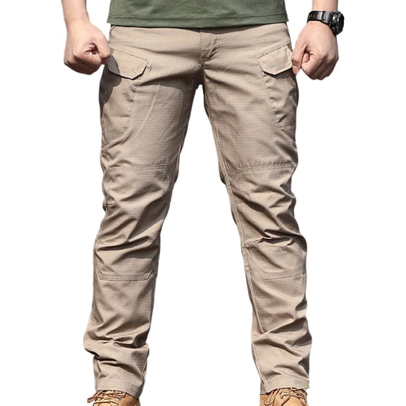 Kvture Men's Cargo Pants, Water Resistant Ripstop Work Pants, Multi Zipper Pockets Combat Trousers Khaki Pant