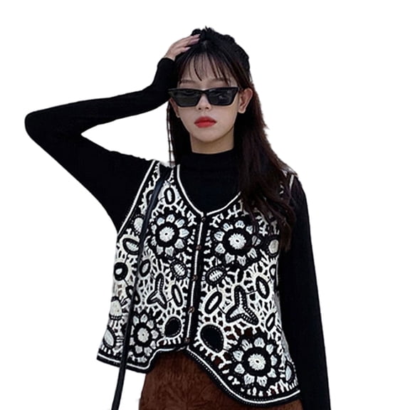 JUNTEX Women Crochet Sleeveless Sweater Vest Waistcoat V-Neck Button Down Hollow Out Knit Ethnic Floral Leaves Cardigan Jacket