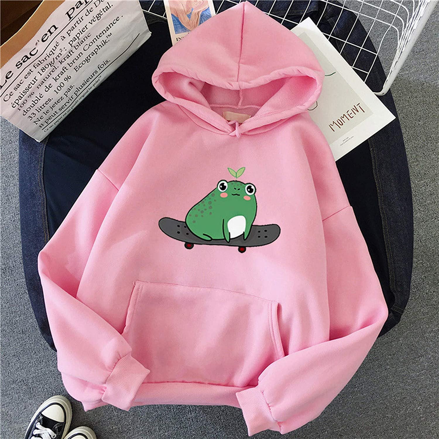 Women's Cute Sweatshirts Skateboarding Frog Long Sleeve Hoodie
