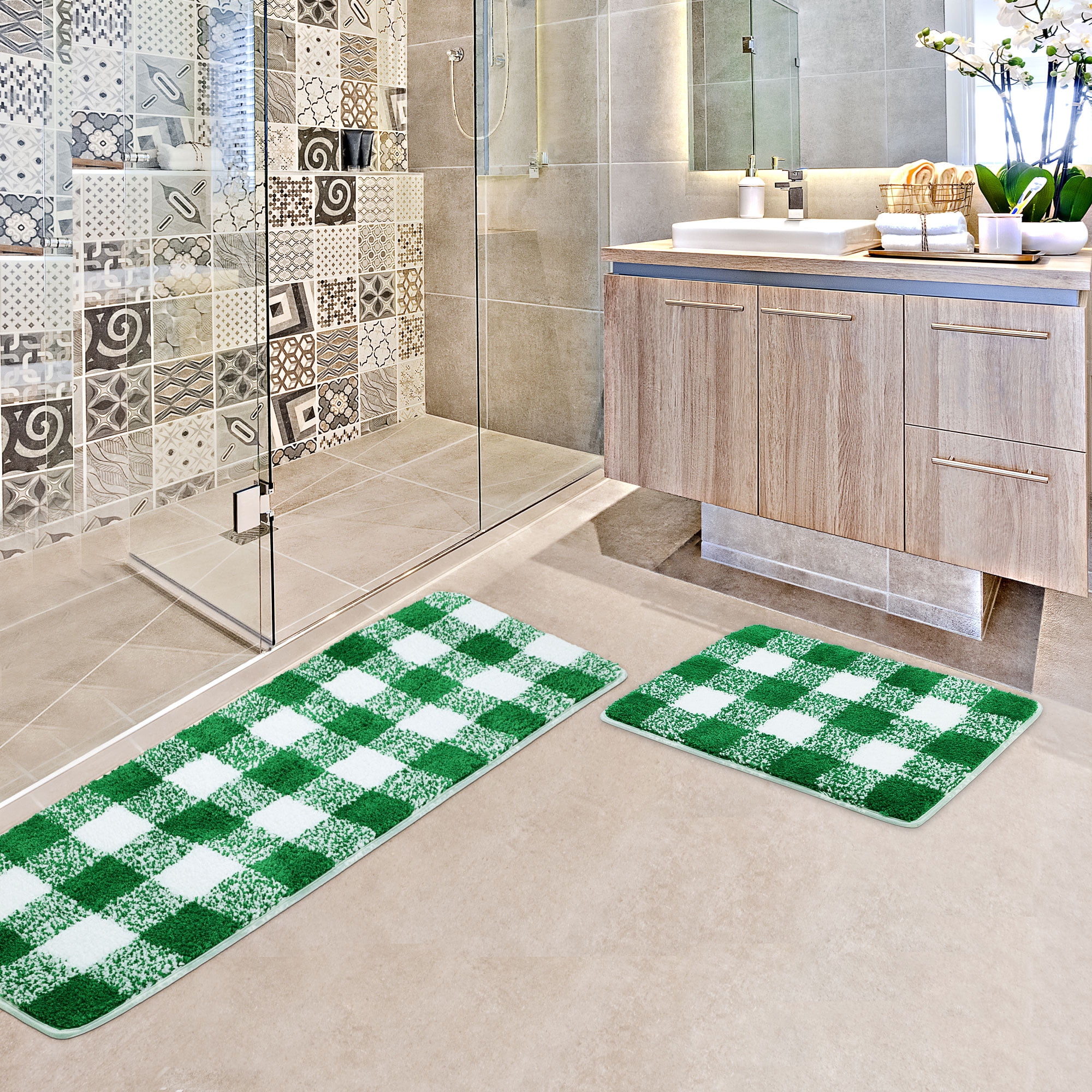 REGALWOVEN Microfiber Plaid Bathroom Rugs, 2 Pcs Extra Soft Fluffy Absorbent Bath Rug Green & White 17"x24"&17"x47"