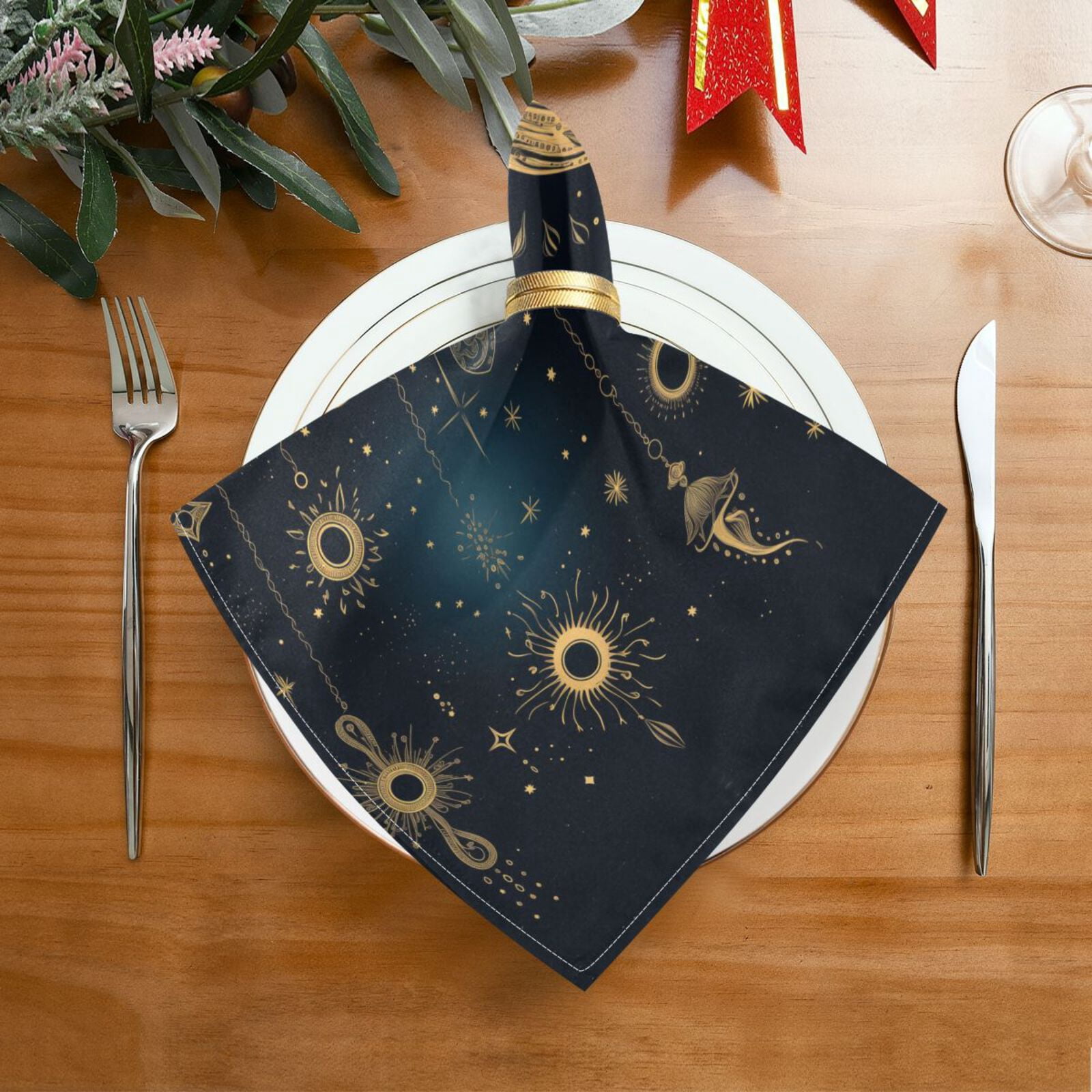 JSTEL Boho Moons and Stars Cloth Napkins Set of 6, 20x20 Inch Washable and Reusable Napkin for Decoupage Dinner Party Everyday Use