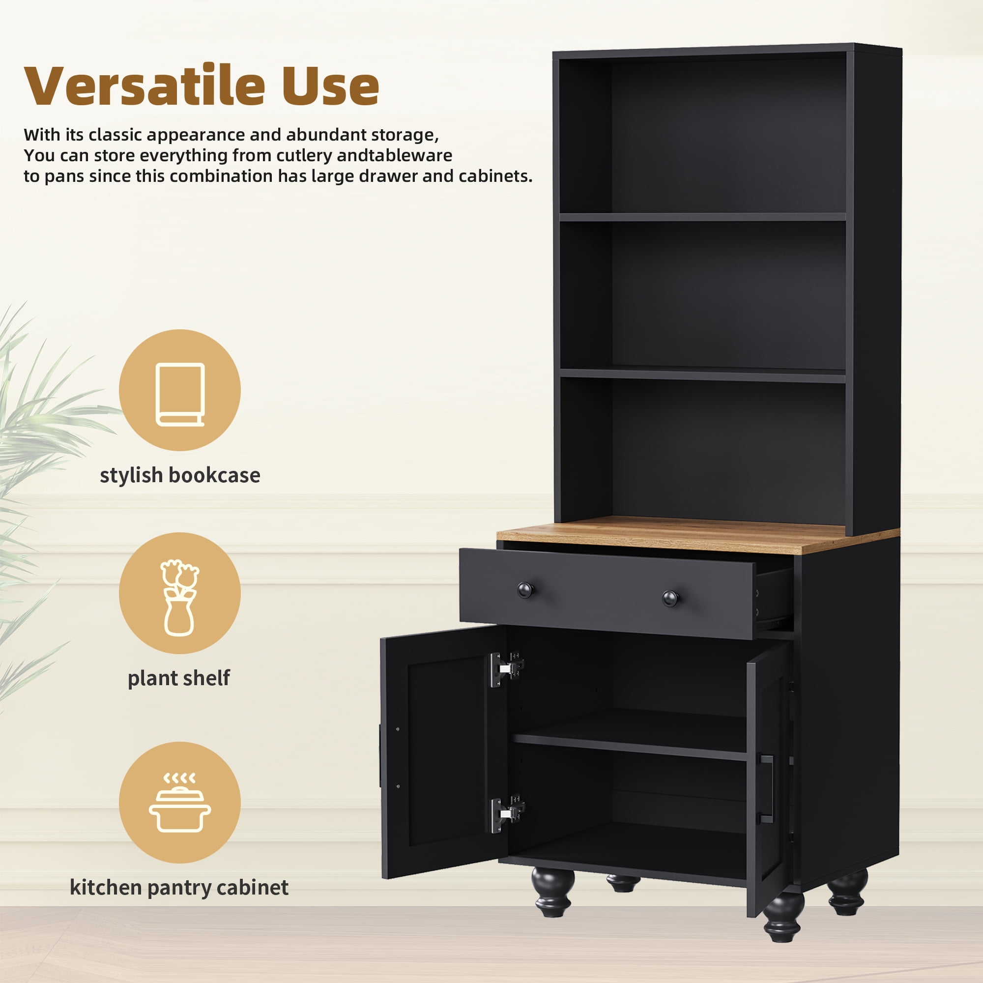 Leumius 63" Farmhouse Tall Kitchen Pantry,5 Layers Storage Cabinet with Adjustable Shelves,Modern Pantry Cabinet with Drawer for Kitchen, Dining Room, Bathroom, Living Room,Black