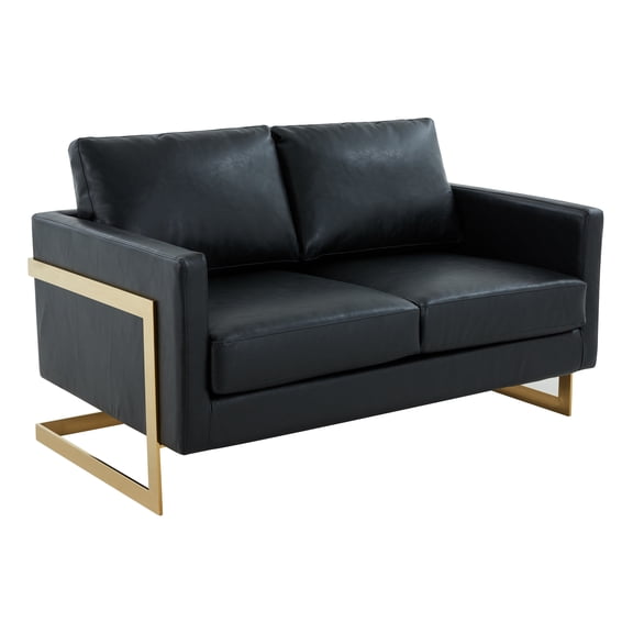Modern Loveseat Leather Upholstered Mid-Century Gold Frame Sofa for Living Room