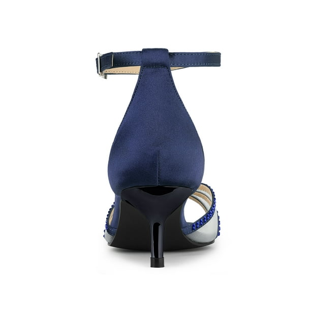 Allegra K Women s Rhinestone Mesh Kitten Heels Sandals Navy Blue
