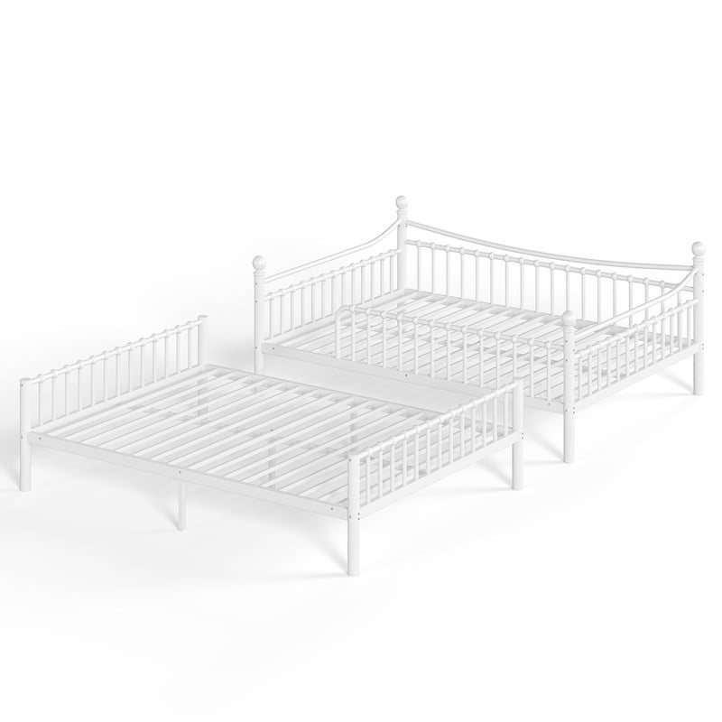 Full over Full Metal Bunk Bed with Curved Guardrail, Round Tube Bedpost Detachable Bed Frame for Kids, Teens & Adults