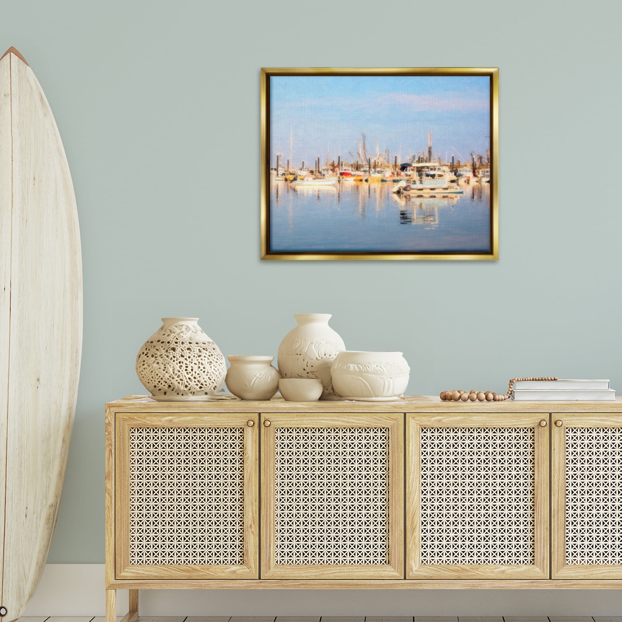 Stupell Industries Blurred Abstract Boat Marina Transportation Painting Gold Floater Framed Canvas Art Print Wall Art, 31 x 25