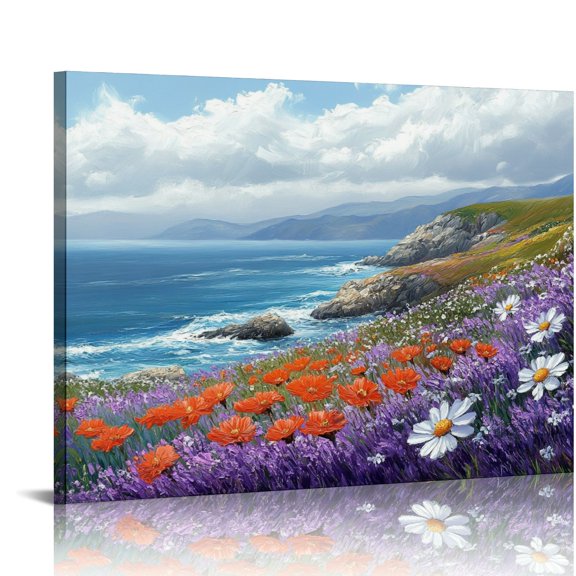 Serene Mountain Landscape with Daisies Canvas Art Print - Misty Forest & Floral Decor, 16x20 inch, Unframed