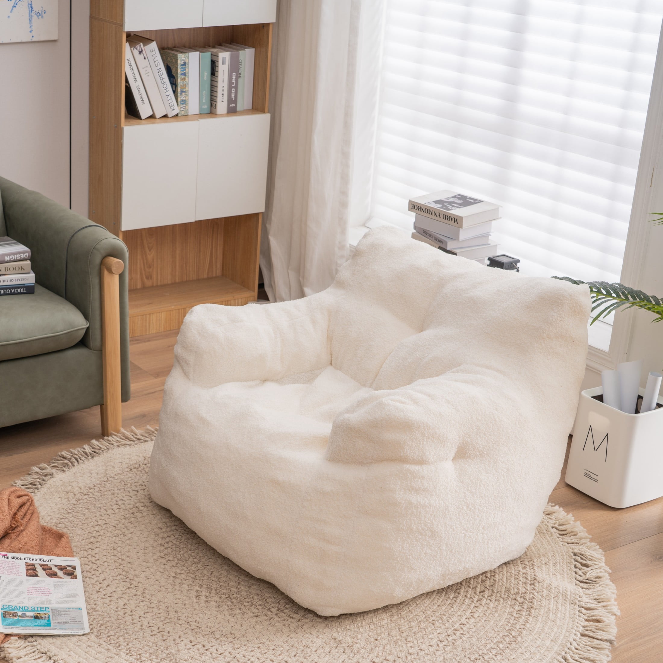 Noble House Quinci 39" Teddy Tufted Bean Bag Chair, Memory Foam Floor Lounger Accent Seat for Bedroom, Ivory